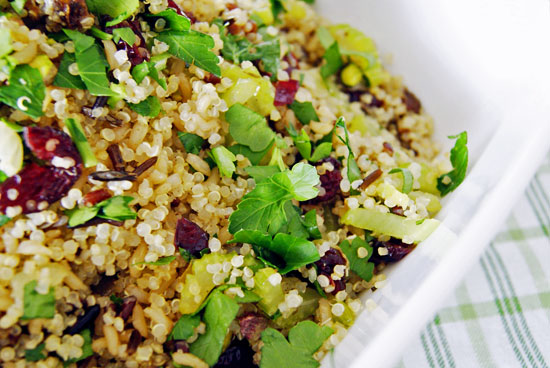 quinoa and wild rice stuffing in a casserole dish