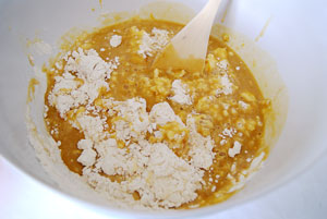 mixing apricots and flour