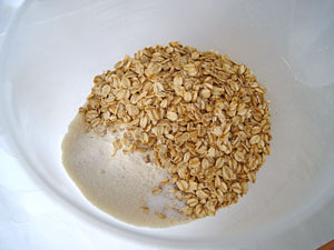 mixing rolled oats and flour in bowl