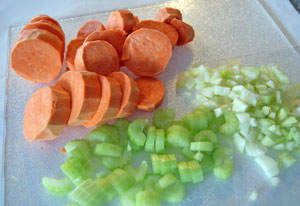 chopped vegetables for sweet potato soup
