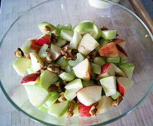 chopped apples, celery and walnuts for waldorf salad